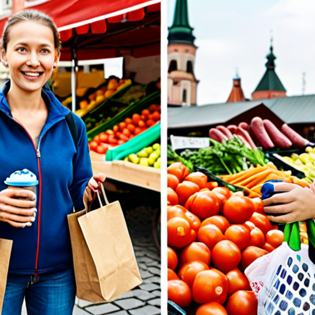 **A split image:** On the left, a person holding a reusable shopping bag filled with groceries, a reusable water bottle, and a travel mug, with a slightly blurred background of a typical Polish market square (*rynek*). On the right, a close-up of a happy family at a local farmer's market in Poland, buying fresh vegetables directly from a farmer. The overall tone is bright and optimistic, emphasizing small, everyday eco-friendly choices.