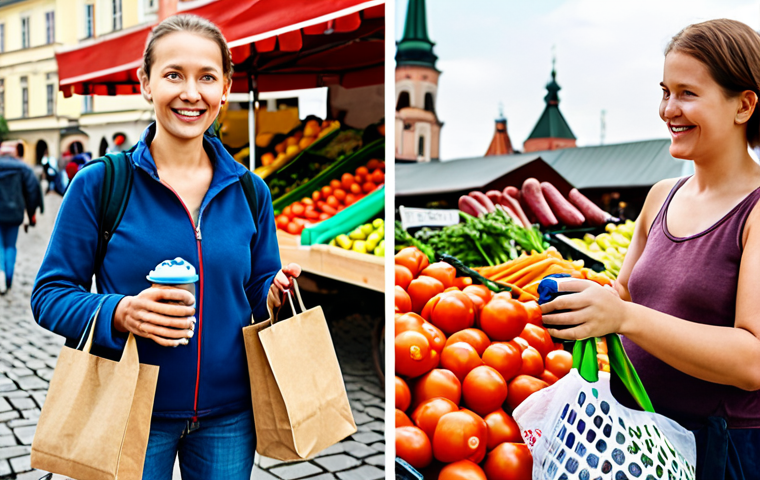 **A split image:** On the left, a person holding a reusable shopping bag filled with groceries, a reusable water bottle, and a travel mug, with a slightly blurred background of a typical Polish market square (*rynek*). On the right, a close-up of a happy family at a local farmer's market in Poland, buying fresh vegetables directly from a farmer. The overall tone is bright and optimistic, emphasizing small, everyday eco-friendly choices.