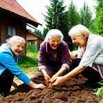 A lively outdoor community workshop in a Polish 'osiedle' or village. Diverse local residents, including an elderly woman (like 'Pani Jadzia'), are actively engaged in composting and gardening. They are laughing and interacting, with visible piles of organic matter transforming into rich, fertile soil. In the background, elements of rain gardens and small, charming insect houses are subtly integrated. The scene is bathed in warm, natural sunlight, conveying a sense of unity, tangible progress, and the joy of community-driven environmental action in Poland. Realistic, heartwarming, detailed.