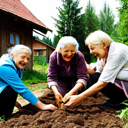 A lively outdoor community workshop in a Polish 'osiedle' or village. Diverse local residents, including an elderly woman (like 'Pani Jadzia'), are actively engaged in composting and gardening. They are laughing and interacting, with visible piles of organic matter transforming into rich, fertile soil. In the background, elements of rain gardens and small, charming insect houses are subtly integrated. The scene is bathed in warm, natural sunlight, conveying a sense of unity, tangible progress, and the joy of community-driven environmental action in Poland. Realistic, heartwarming, detailed.