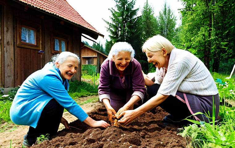 A lively outdoor community workshop in a Polish 'osiedle' or village. Diverse local residents, including an elderly woman (like 'Pani Jadzia'), are actively engaged in composting and gardening. They are laughing and interacting, with visible piles of organic matter transforming into rich, fertile soil. In the background, elements of rain gardens and small, charming insect houses are subtly integrated. The scene is bathed in warm, natural sunlight, conveying a sense of unity, tangible progress, and the joy of community-driven environmental action in Poland. Realistic, heartwarming, detailed.