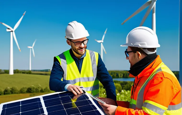 생태 리터러시 교육을 위한 직업 연계 프로그램 - **Prompt:** A diverse group of five Polish renewable energy engineers and technicians, both men and ...