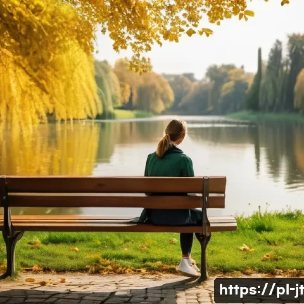 생태 리터러시와 정신 건강의 관계 - A peaceful scene of a young woman taking a leisurely walk through a lush green city park in Warsaw, ...