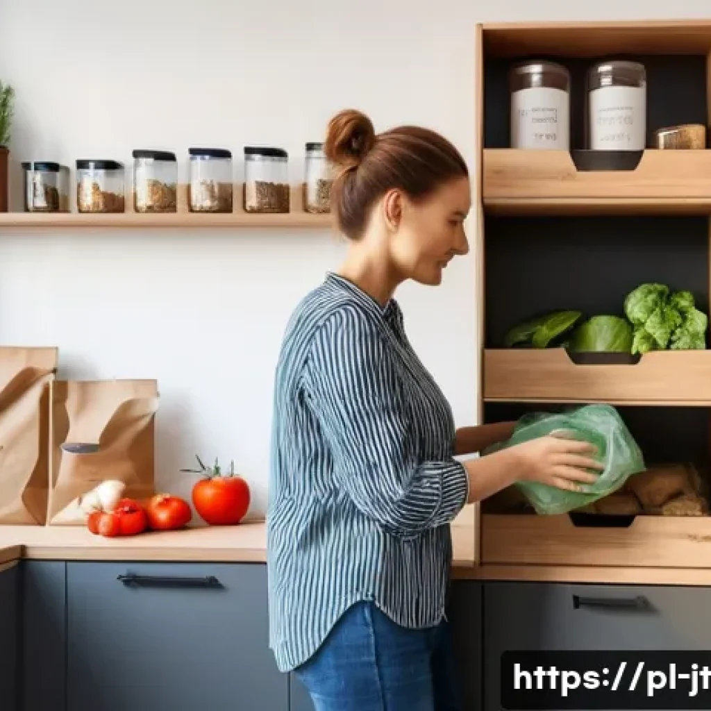 성인을 위한 생태 리터러시 교육 방법 - A cozy, sunlit kitchen scene in a modern Polish home where a middle-aged person is thoughtfully sort...