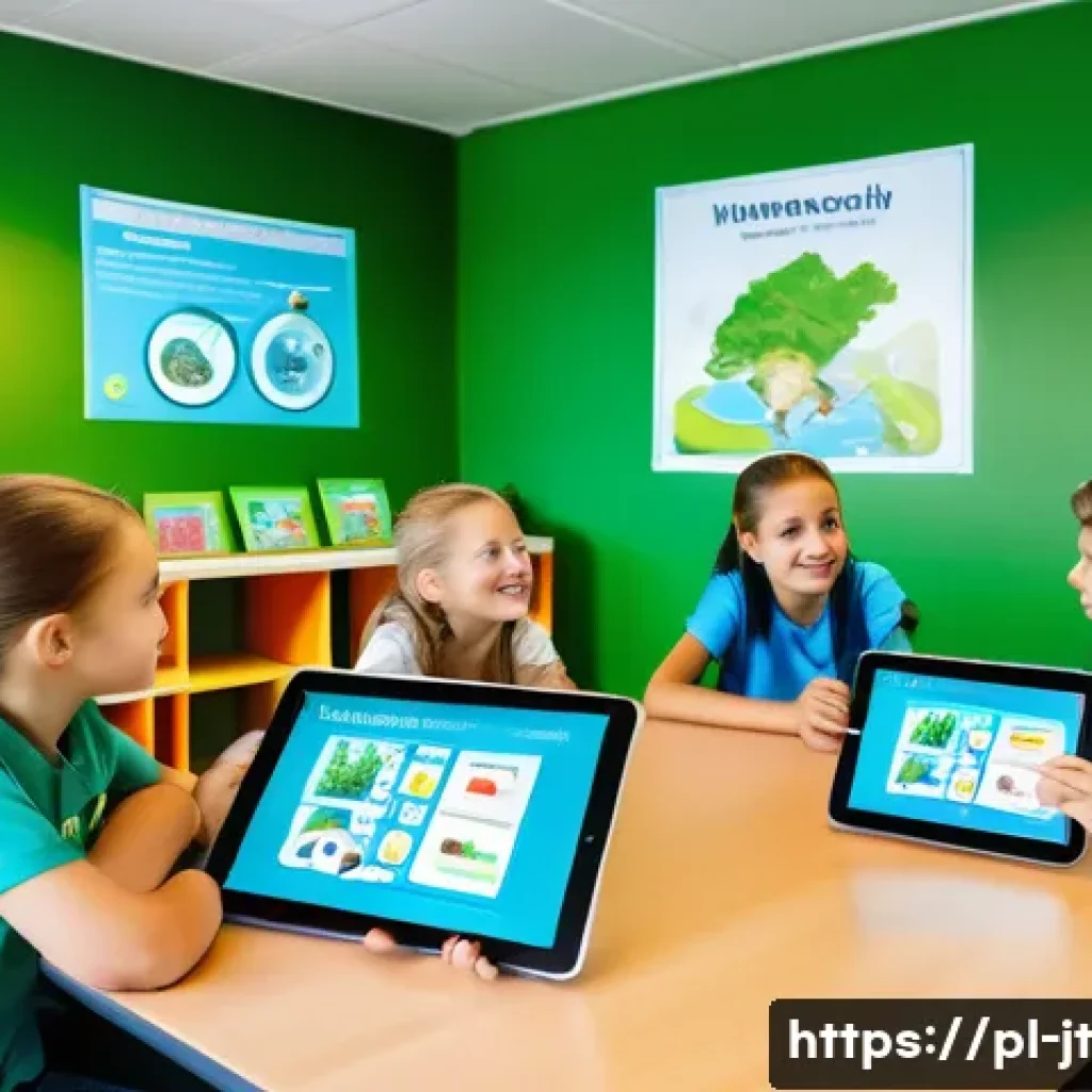생태 리터러시에 대한 최신 연구 동향 - A vibrant classroom scene in a modern Polish school where diverse children aged 10-14 are engaged wi...