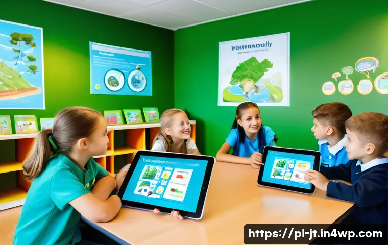 생태 리터러시에 대한 최신 연구 동향 - A vibrant classroom scene in a modern Polish school where diverse children aged 10-14 are engaged wi...