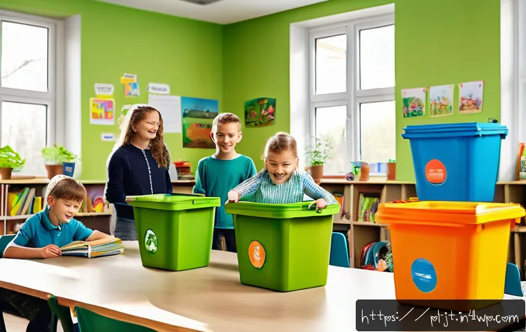 생태 리터러시 향상 워크숍 운영하기 - A colorful and engaging educational workshop scene set in a modern Polish classroom, featuring child...