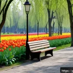 Home 19 생태 리터러시 향상을 위한 도시 탐방 프로그램 - A vibrant urban park scene in Warsaw during spring, featuring diverse native Polish plants like silv...
