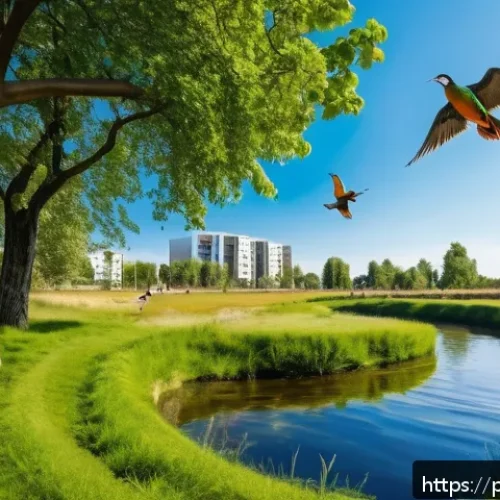 Home 30 생태 리터러시와 도시계획의 연관성 - A serene urban park inspired by Polish ecological literature, featuring lush green meadows, winding ...