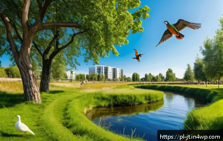 생태 리터러시와 도시계획의 연관성 - A serene urban park inspired by Polish ecological literature, featuring lush green meadows, winding ...